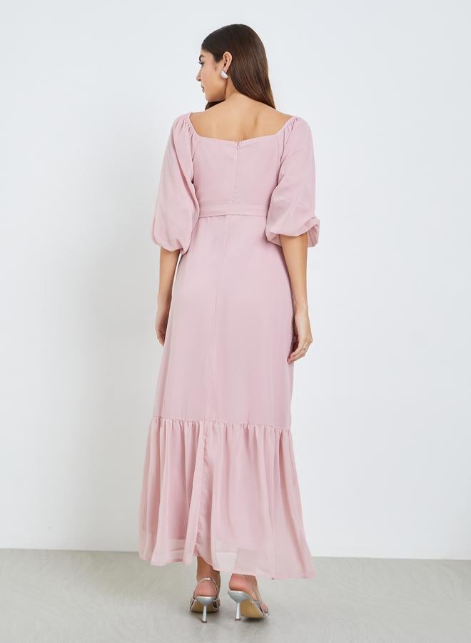 Styli Women Pink Embellished Puff Sleeve Maxi Dress - Image 4